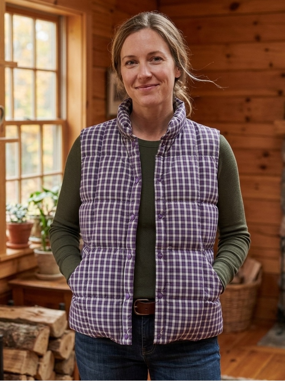Lands' End DOWN Vest. Purple Checkered Women's plaid Snap Button Down.